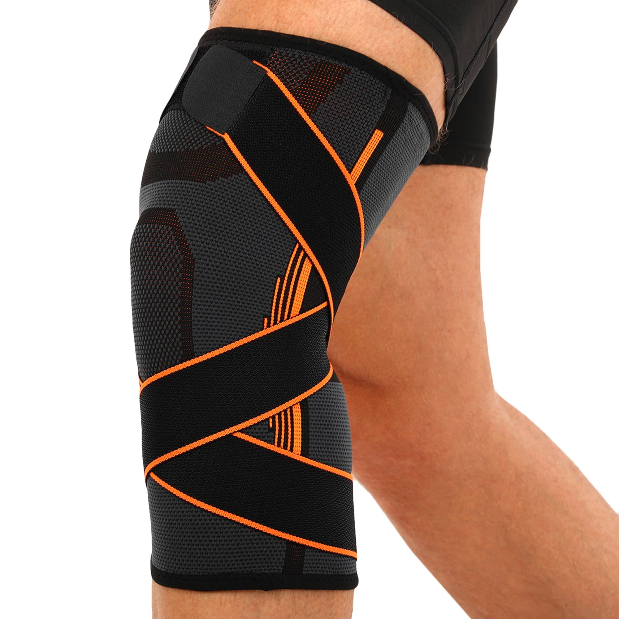 Наколінник еластичний з ребрами жорсткості та фіксуючим ременем EXCEEDE 719CA S-L 1шт чорний-оранжевий