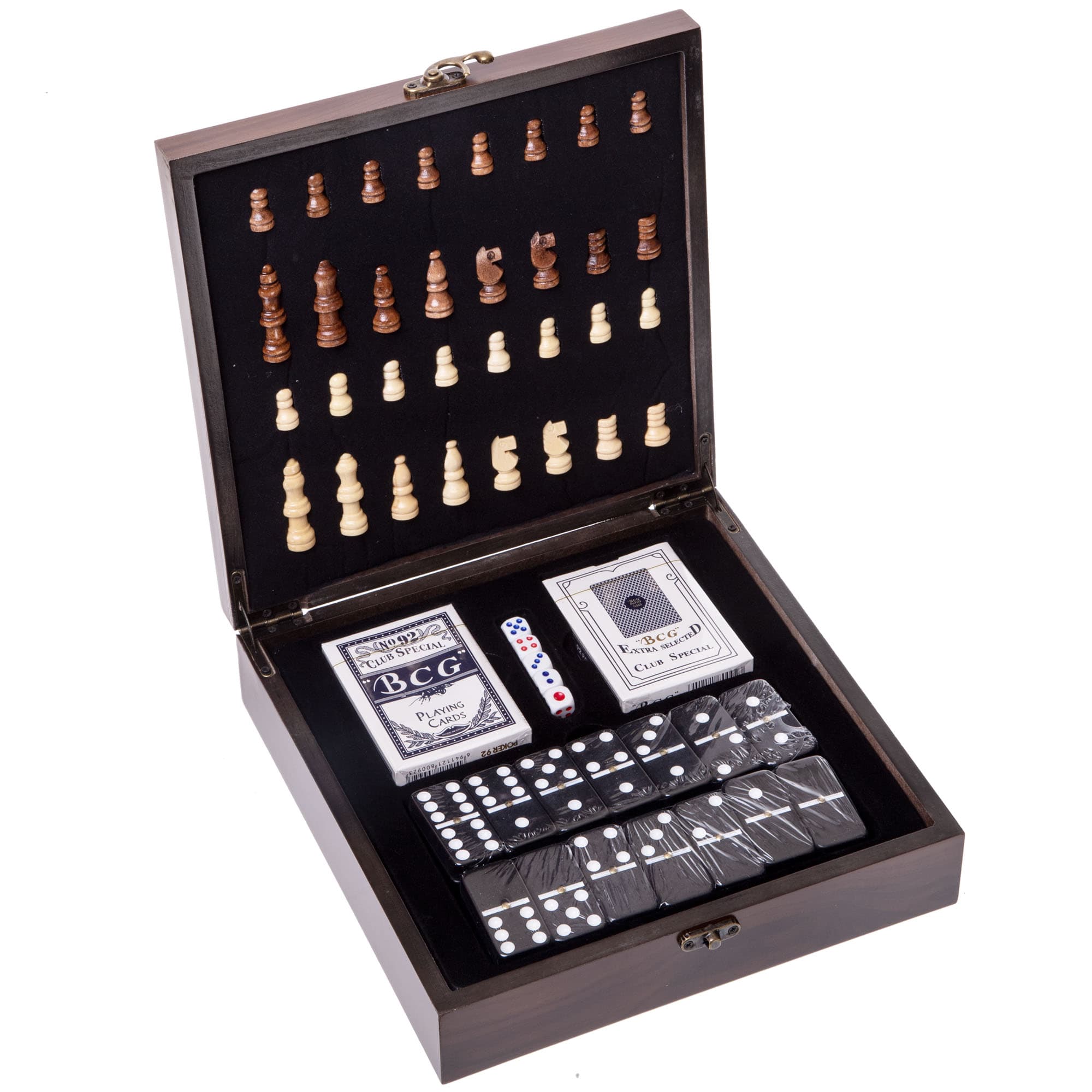 Набір настільних ігор в дерев'яний кейс 4 в 1 шахи доміно карти кості SP-Sport W2620-H розмір 24x24х7см