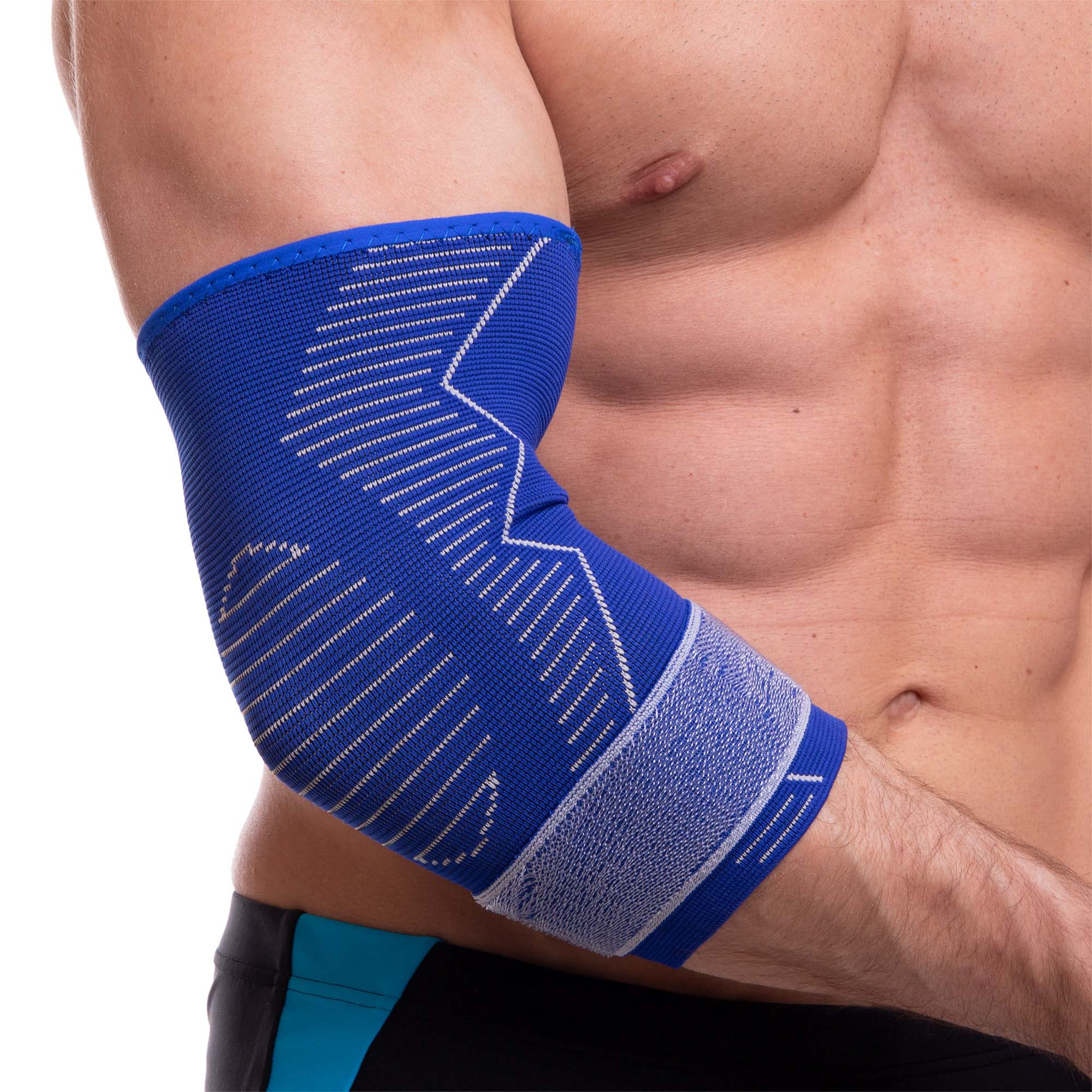 Налокотник спортивний еластичний з фіксуючим ременем SIBOTE ST-7027 S-XL 1шт синій