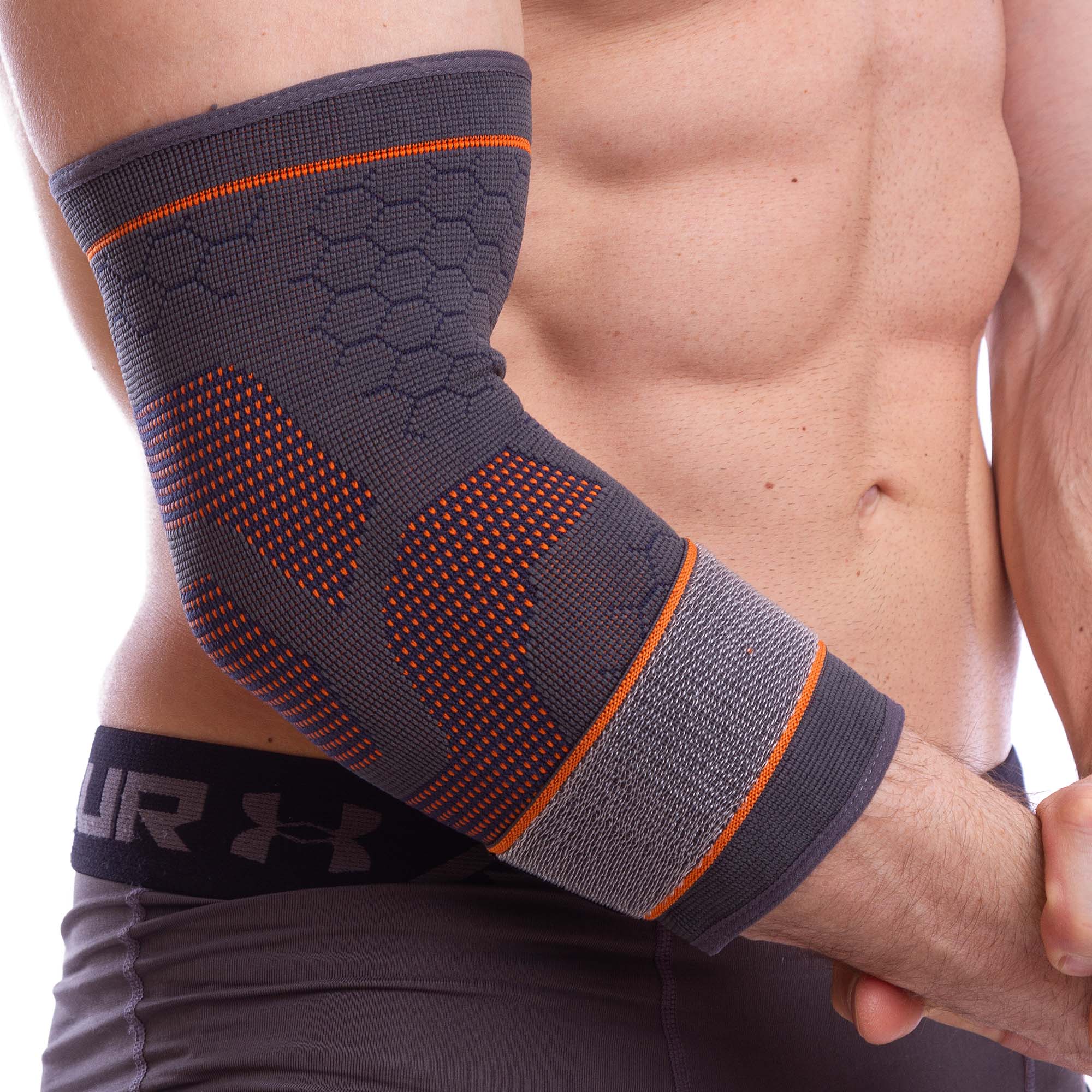 Налокотник спортивний еластичний з фіксуючим ременем SIBOTE ST-963 S-XL 1шт сірий-помаранчевий